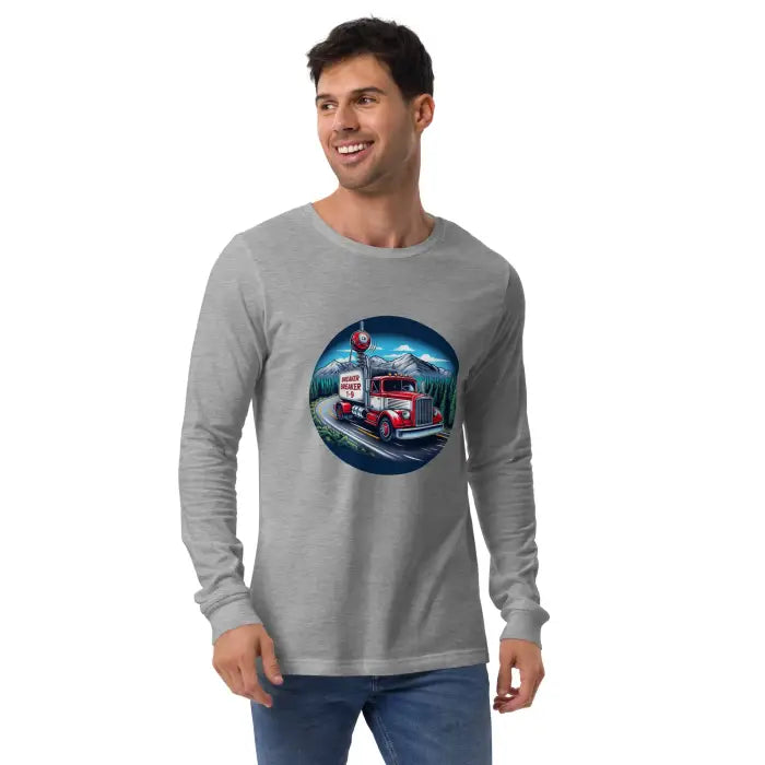 Gray long-sleeved shirt with truck graphic.