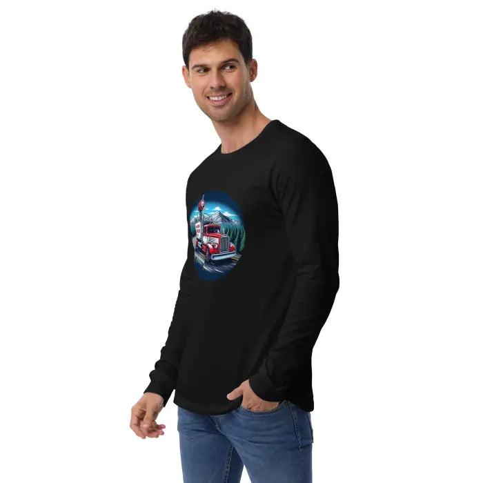 Black long-sleeved shirt with truck graphic.