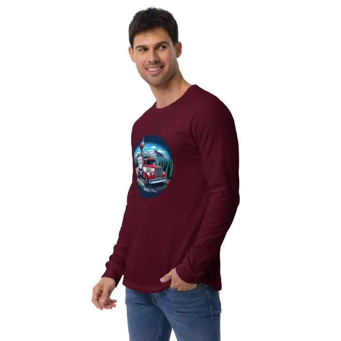 Burgundy long-sleeved shirt with truck graphic.