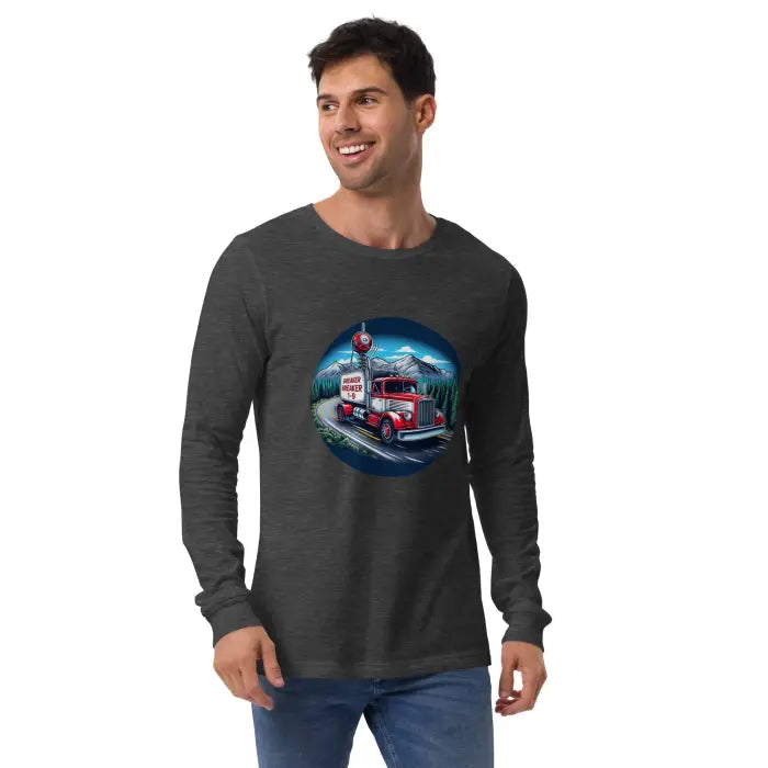 Man wearing a long-sleeved shirt with a truck design.