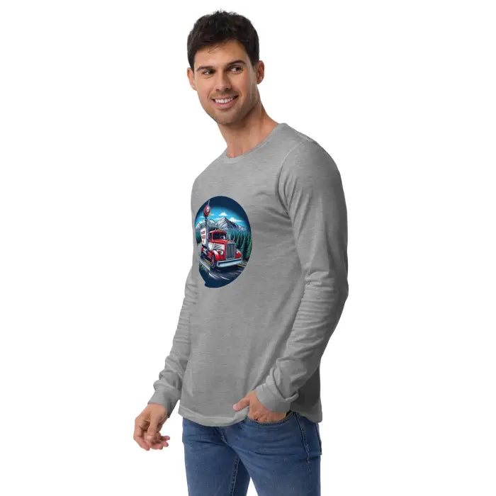 Gray long-sleeved shirt with truck graphic.