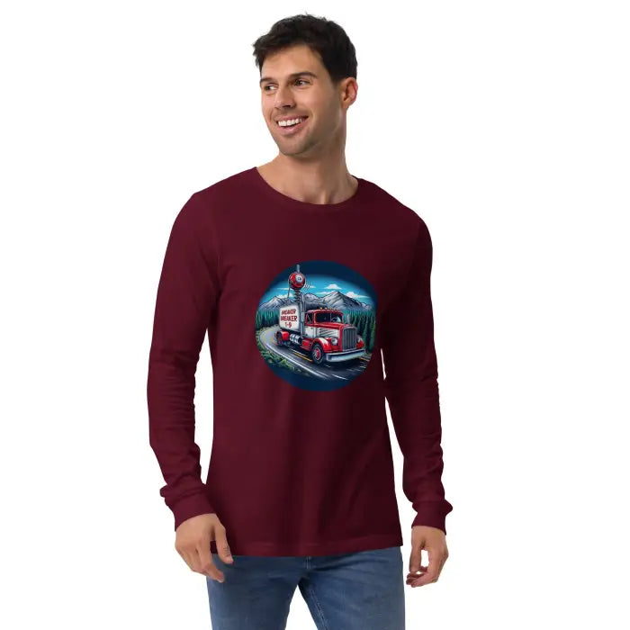 Maroon long-sleeved shirt with truck graphic.