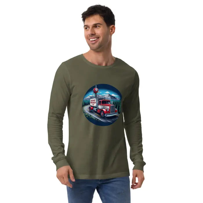 Man wearing a long-sleeved shirt with a truck graphic.