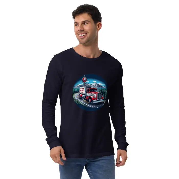 Man’s long-sleeved shirt with truck graphic.