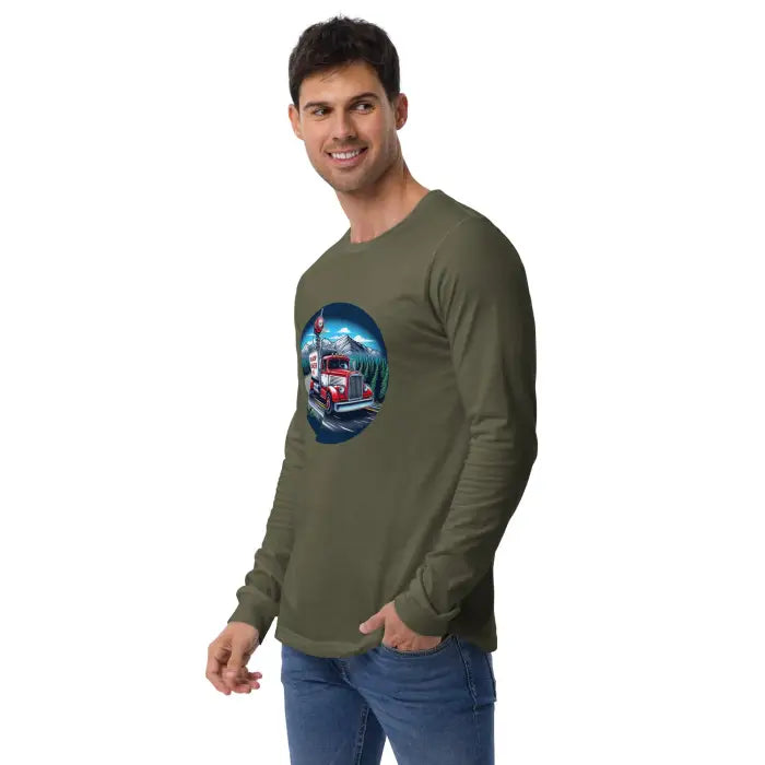 Olive long-sleeved shirt with truck graphic.