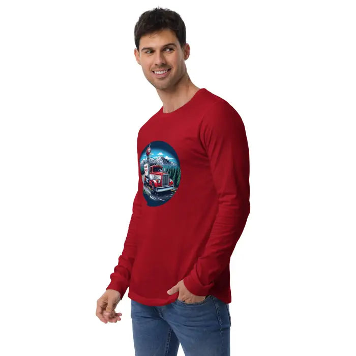 Red long-sleeved shirt with truck graphic.