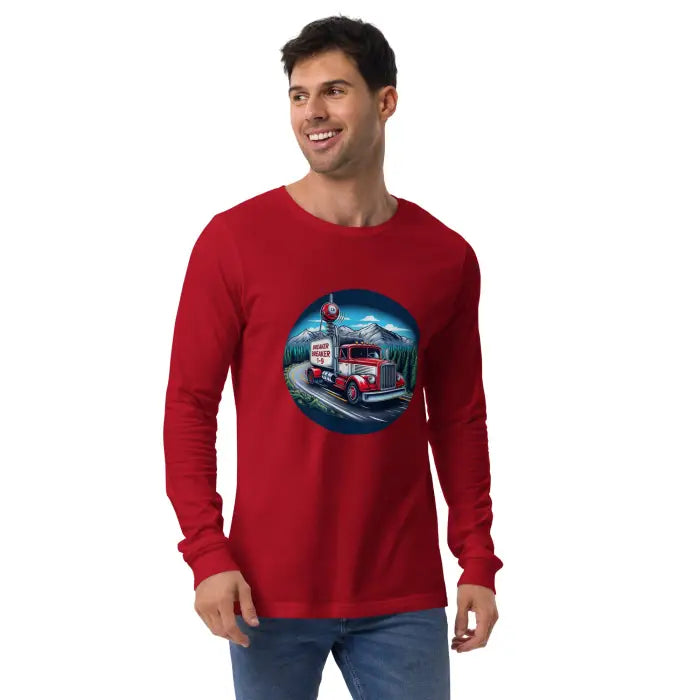Red long-sleeved shirt with truck graphic.