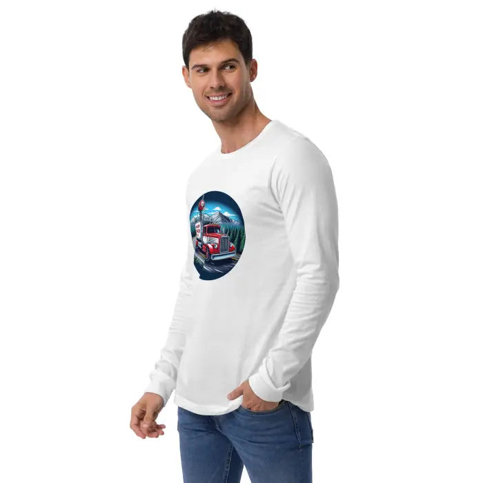 White long-sleeved shirt with truck graphic.
