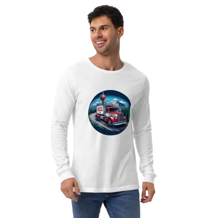 White long-sleeved shirt with a truck graphic.