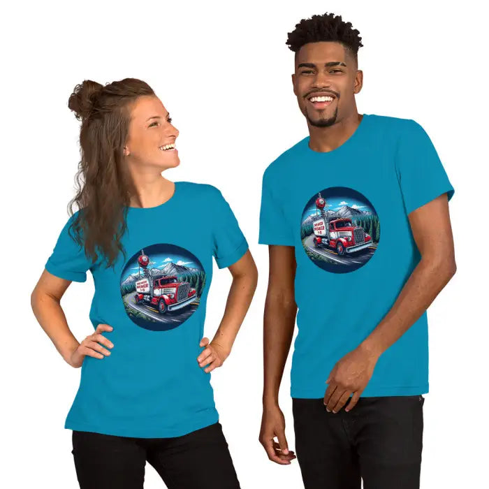 Matching turquoise t-shirts.