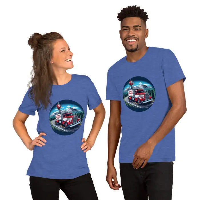 Two blue t-shirts with truck design.