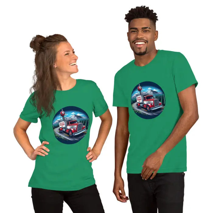 Matching green graphic tees.