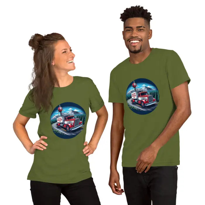 Matching olive green t-shirts.