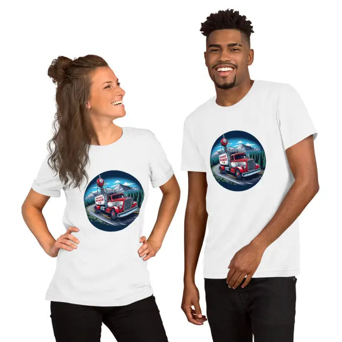 Matching white t-shirts with truck design.