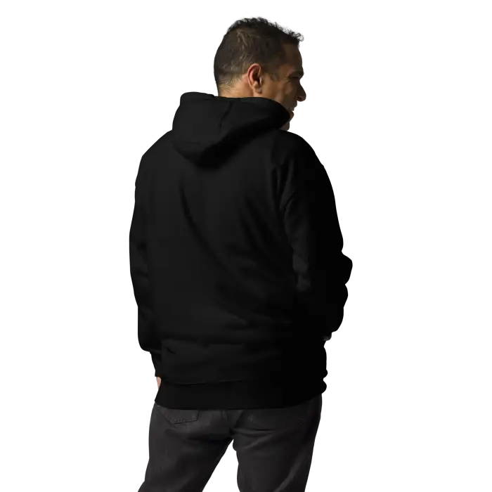 Black hooded sweatshirt.