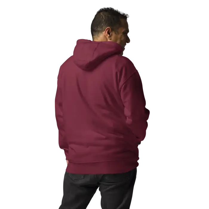 Maroon hooded sweatshirt.