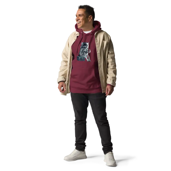 Maroon hoodie with graphic.