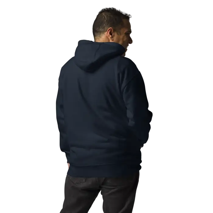Navy blue hooded sweatshirt.