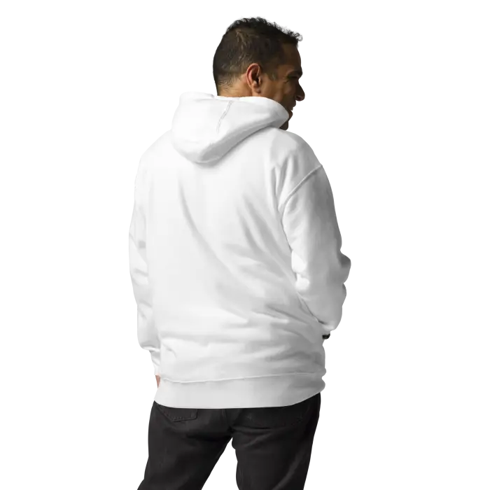 White hooded sweatshirt.