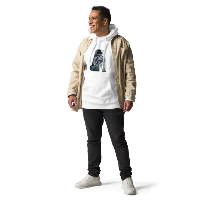 Man in white hoodie and tan jacket.