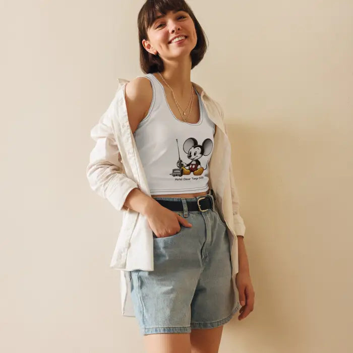 Woman wearing Mickey Mouse tank top.
