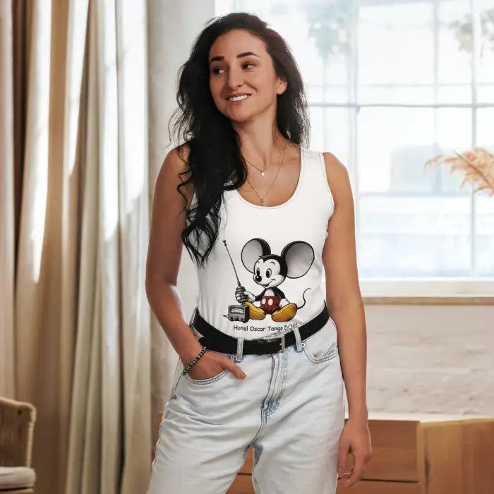 Woman wearing a Mickey Mouse tank top.