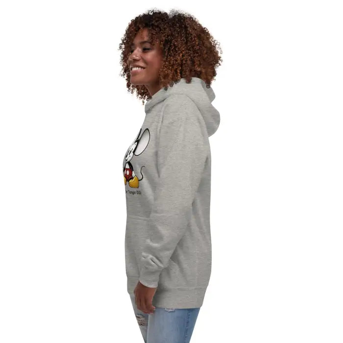 Gray hoodie with cartoon character.