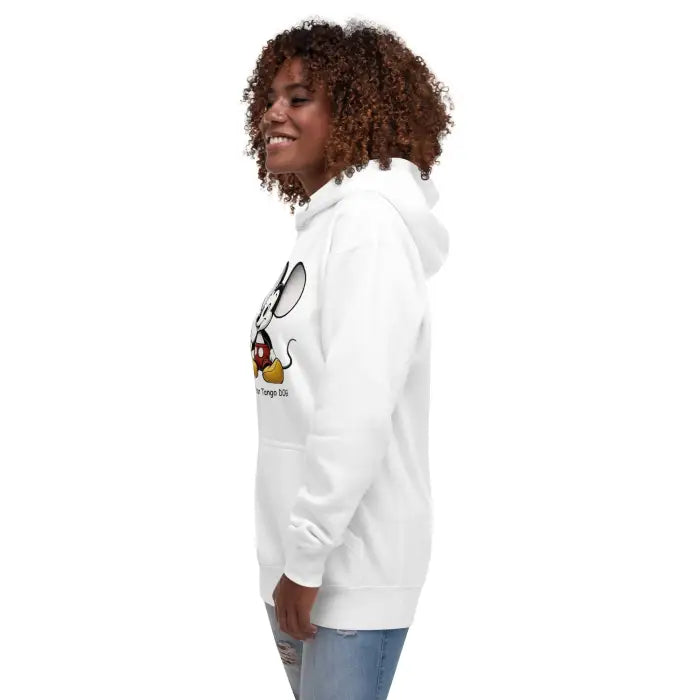 White hooded sweatshirt with cartoon mouse.