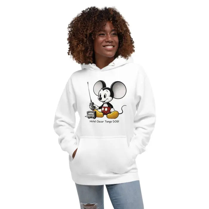 White hoodie with cartoon mouse.