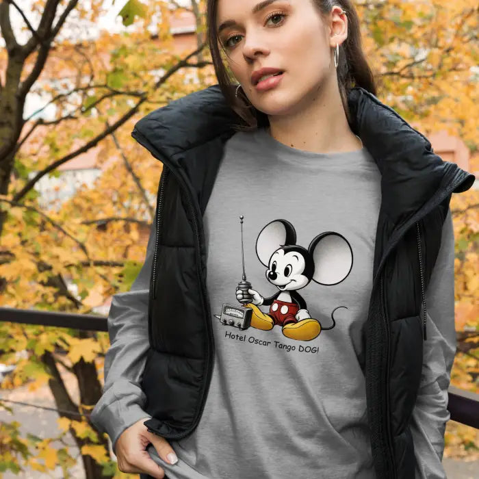 Gray long-sleeved shirt with Mickey Mouse graphic.