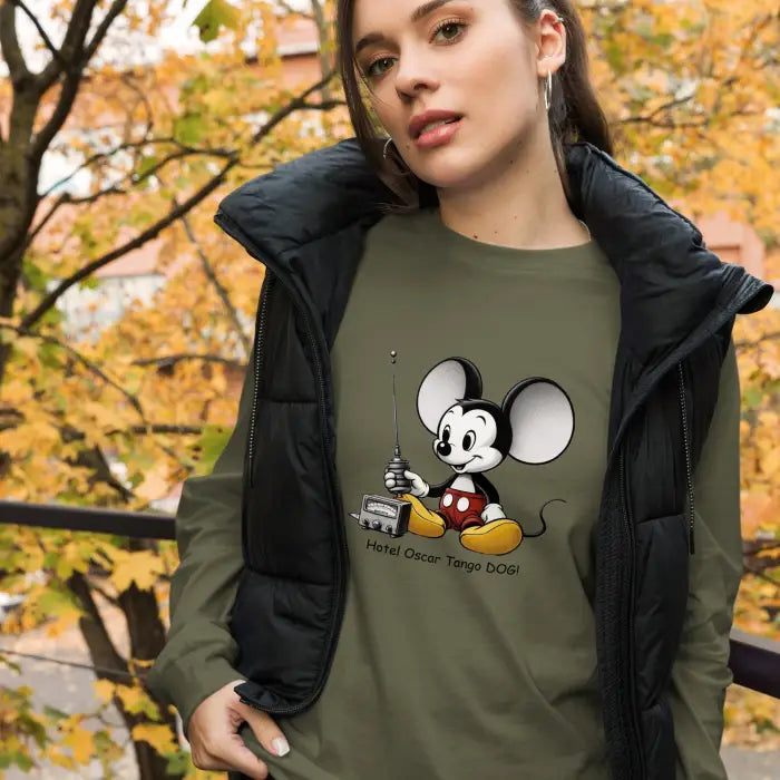 Olive green Mickey Mouse long-sleeve shirt.