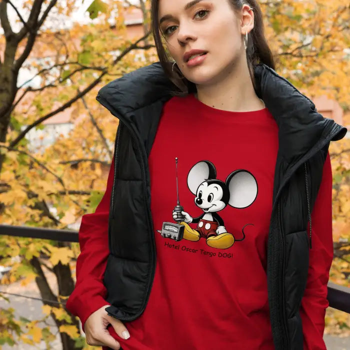 Red Mickey Mouse sweatshirt.
