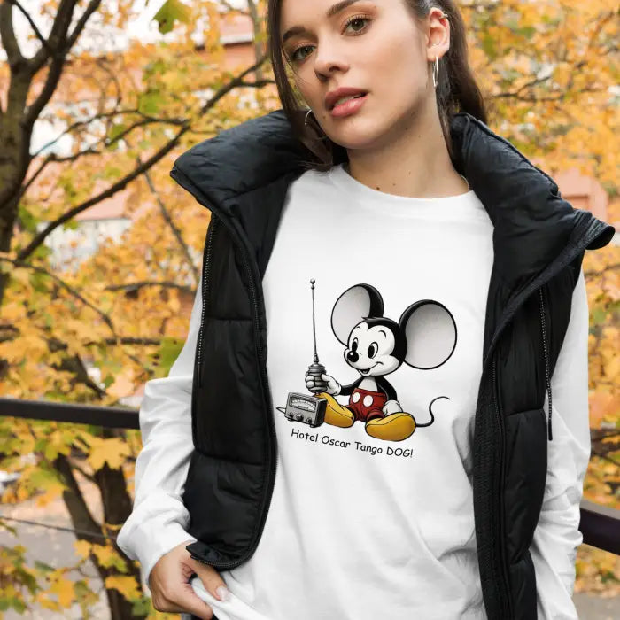 White long-sleeved shirt with Mickey Mouse graphic.