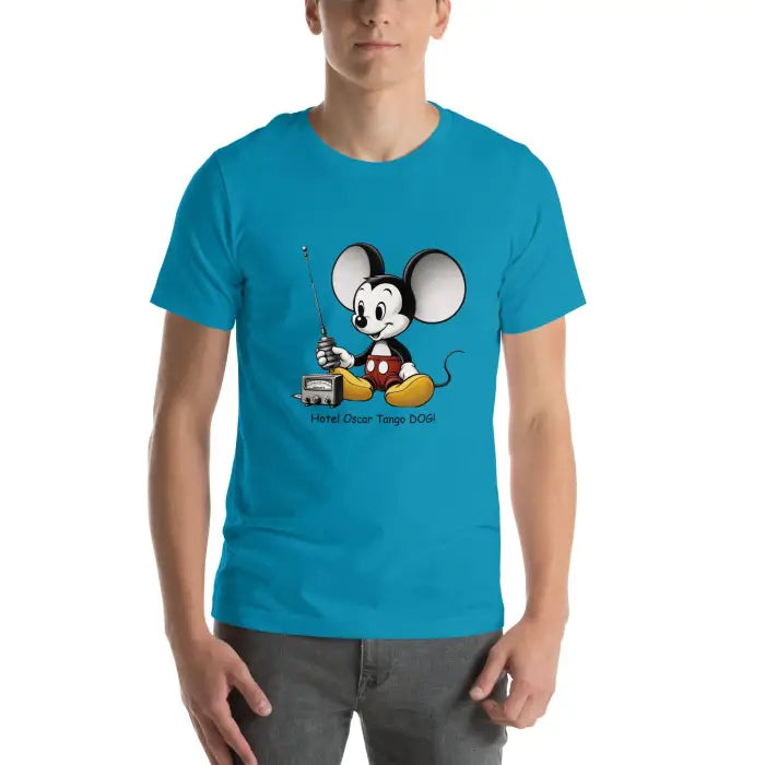 Blue t-shirt with cartoon mouse.