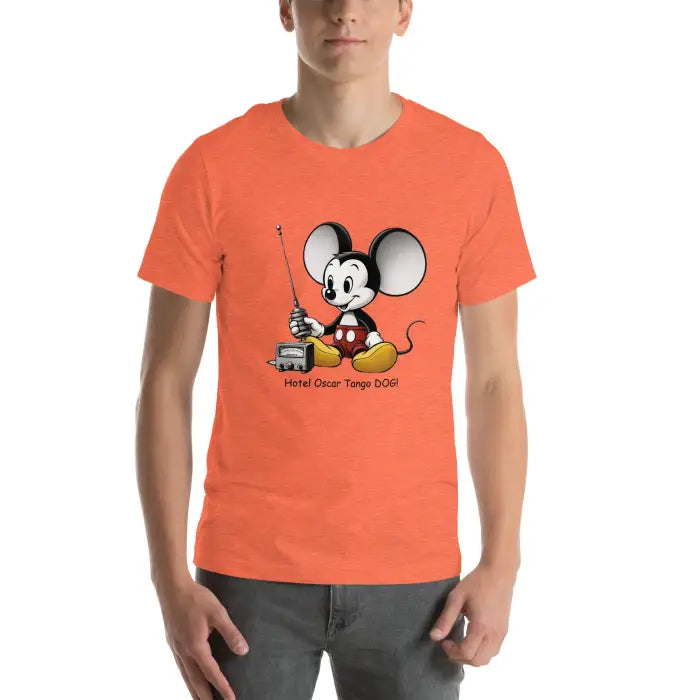 Orange t-shirt with cartoon mouse.