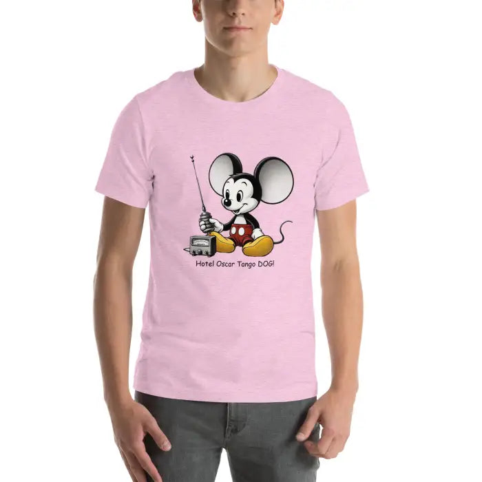 Pink t-shirt with cartoon mouse.