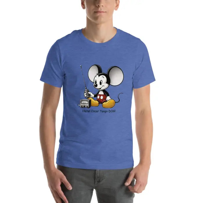 Blue t-shirt with cartoon mouse.