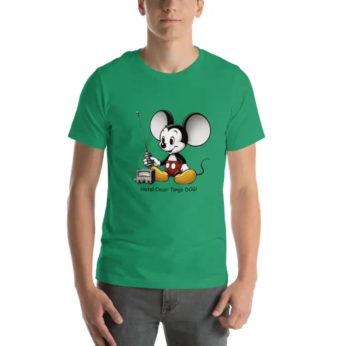 Green t-shirt with cartoon mouse.