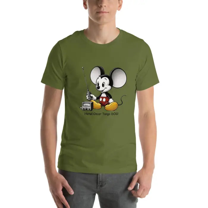 Olive green t-shirt with cartoon mouse.