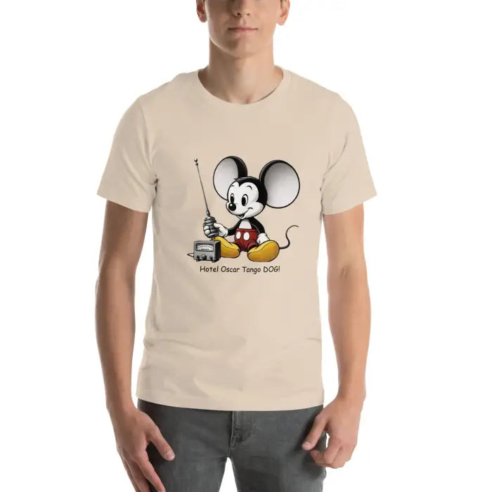 Beige t-shirt with cartoon mouse.