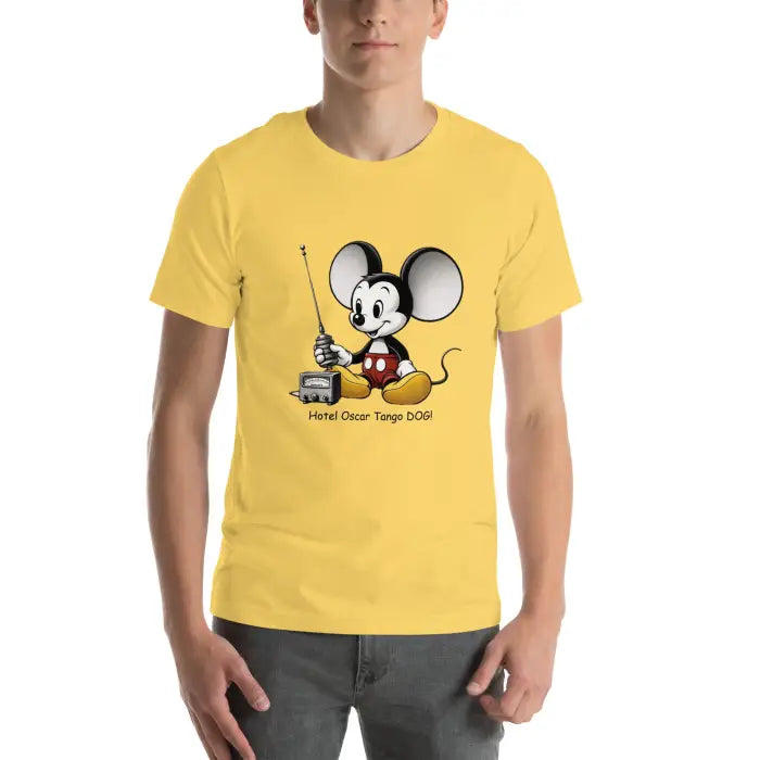 Yellow t-shirt with cartoon mouse.