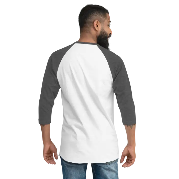 Raglan shirt with gray sleeves.