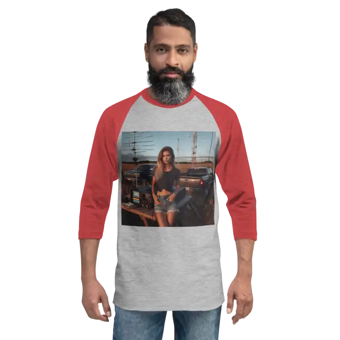 Red and gray baseball tee.