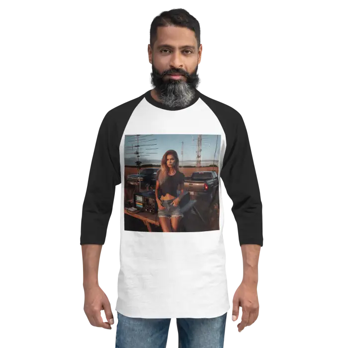 Black and white baseball tee with a woman graphic.
