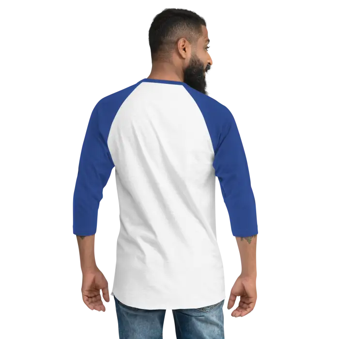 White and blue raglan shirt.