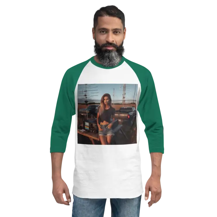 Man wearing a green and white raglan shirt.
