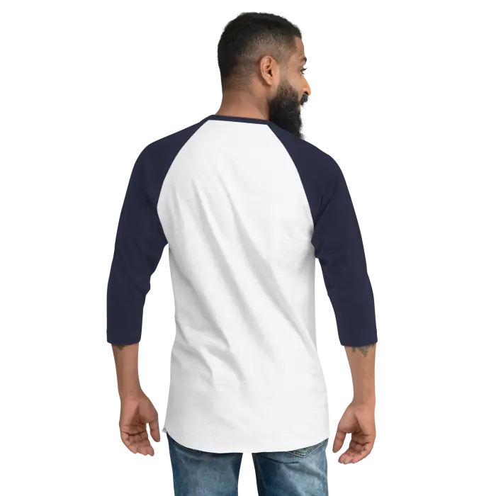 White and navy blue raglan shirt.