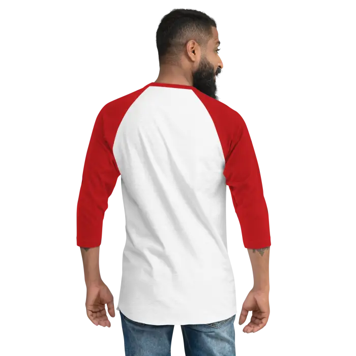 White and red baseball tee.