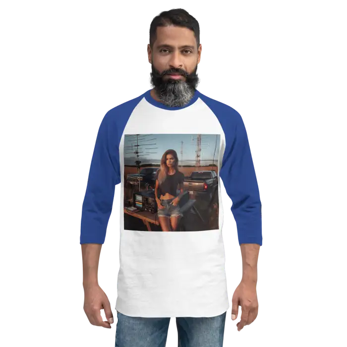 Blue-sleeved raglan shirt with woman graphic.