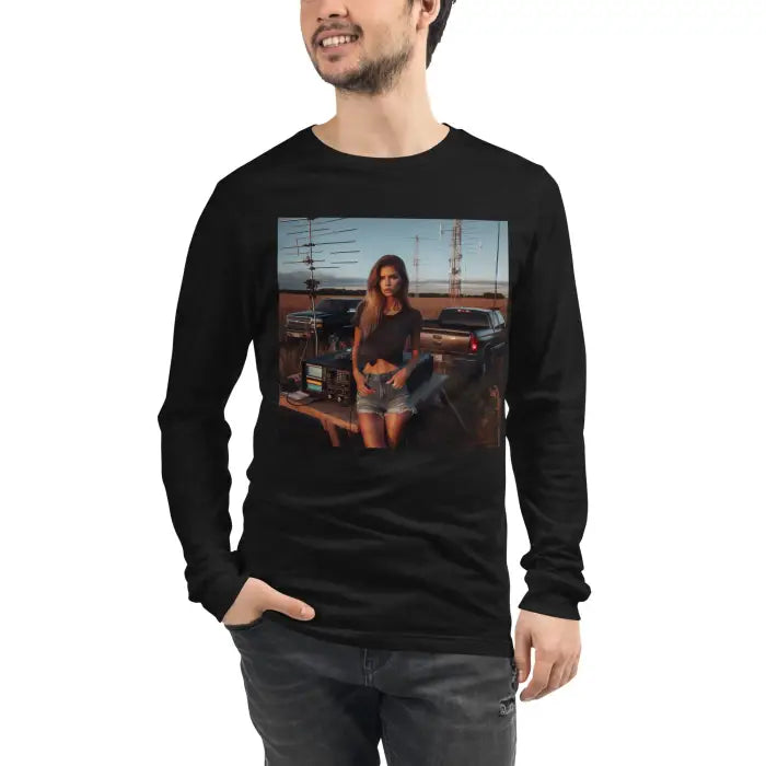 Black long-sleeve shirt with a graphic.
